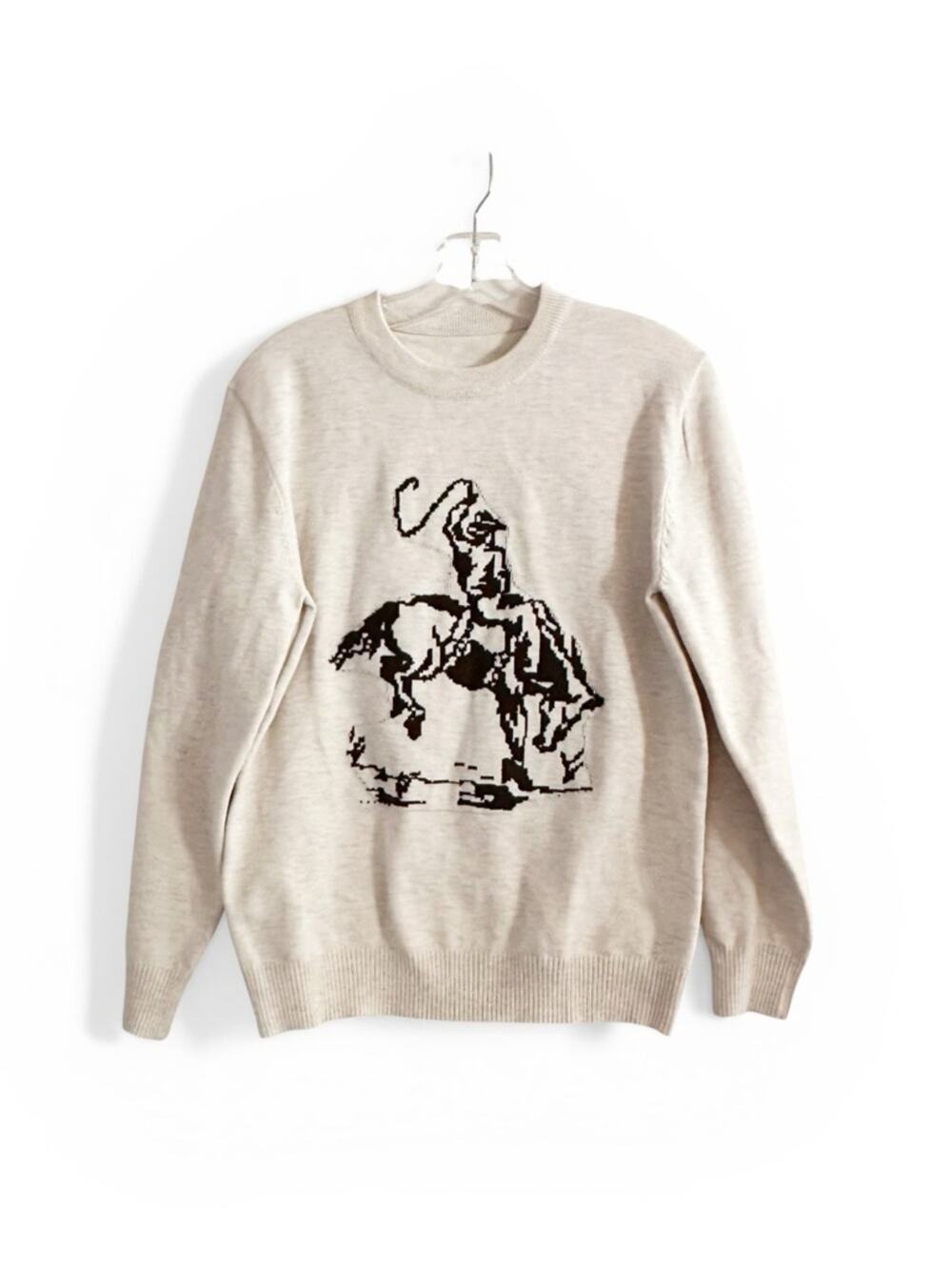 Western Cowboy Graphic Sweater Knit Cream Brown  Crew neck SMALL Unisex Neutral
